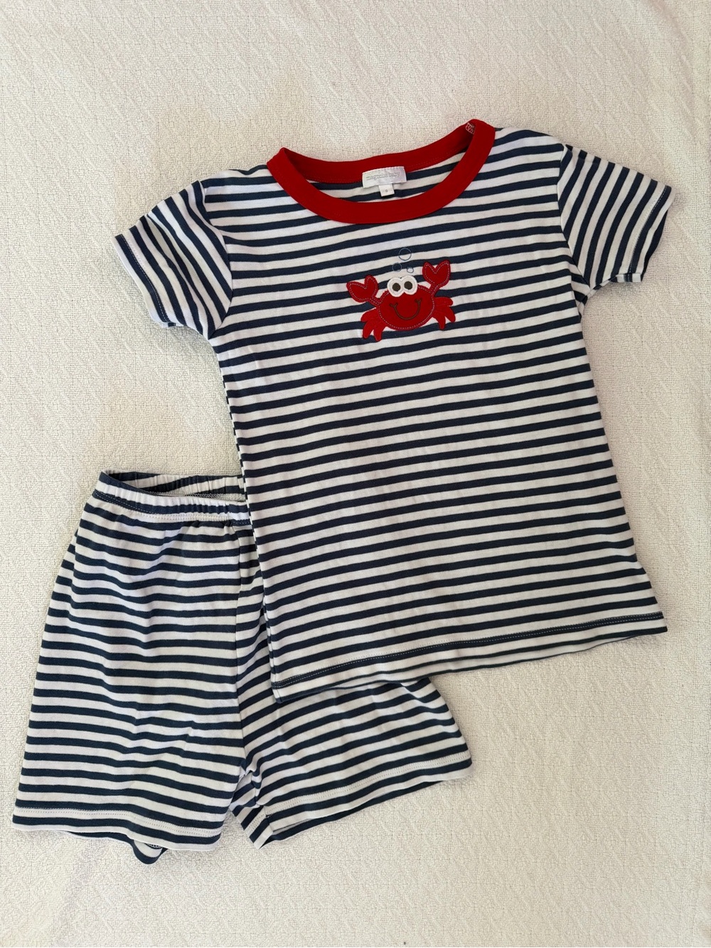 Magnolia Baby Blue and White Striped Short Sleeve and Short Set Crab Applique
